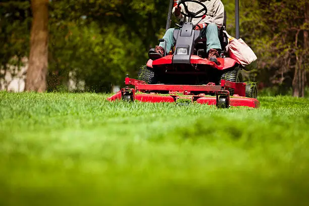 gardener in the park on a lawn cutting tractor machine